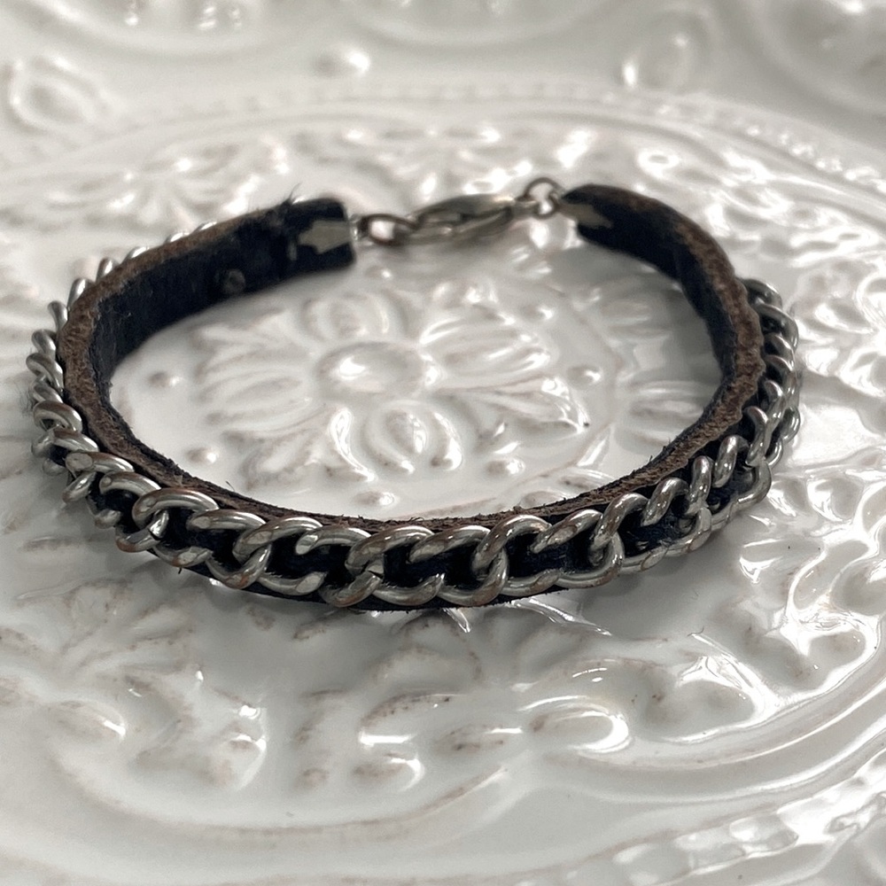 Silver Chain Black Leather Bracelet Rock Rebel Festival Grunge